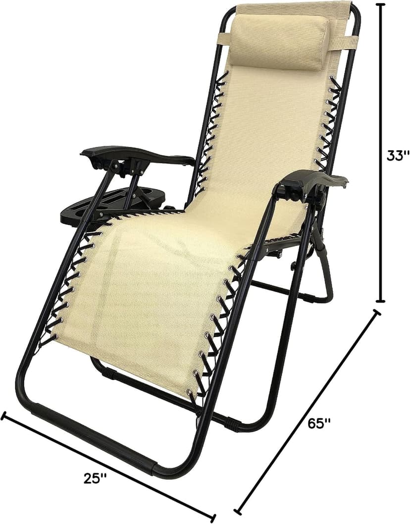 EasyGo Product Zero Gravity Lawn Lounge Pillow and Cup Holder Furniture Outdoor Adjustable Dining Reclining Folding Chairs for Deck Patio Beach Yard, 2 Pack TAN
