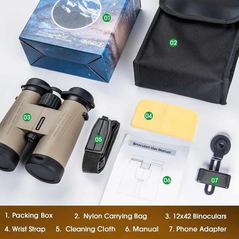 12x42 HD Binoculars for Adults High Powered Binoculars with Upgraded Phone Adapter Compact Binocular with Low Light Night Vision for Bird Watching Hunting Outdoor Sports Concerts Camo