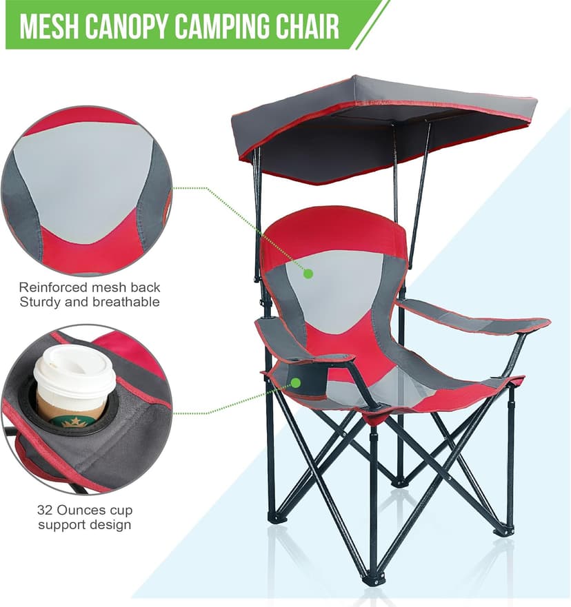 ALPHA CAMP Heavy Duty Canopy Camping Chair, 350 lbs Capacity Oversized Folding Chair with Adjustable Sunshade, Portable Sunshade Chair with Cup Holder for Beach, Fishing, Outdoor, Red