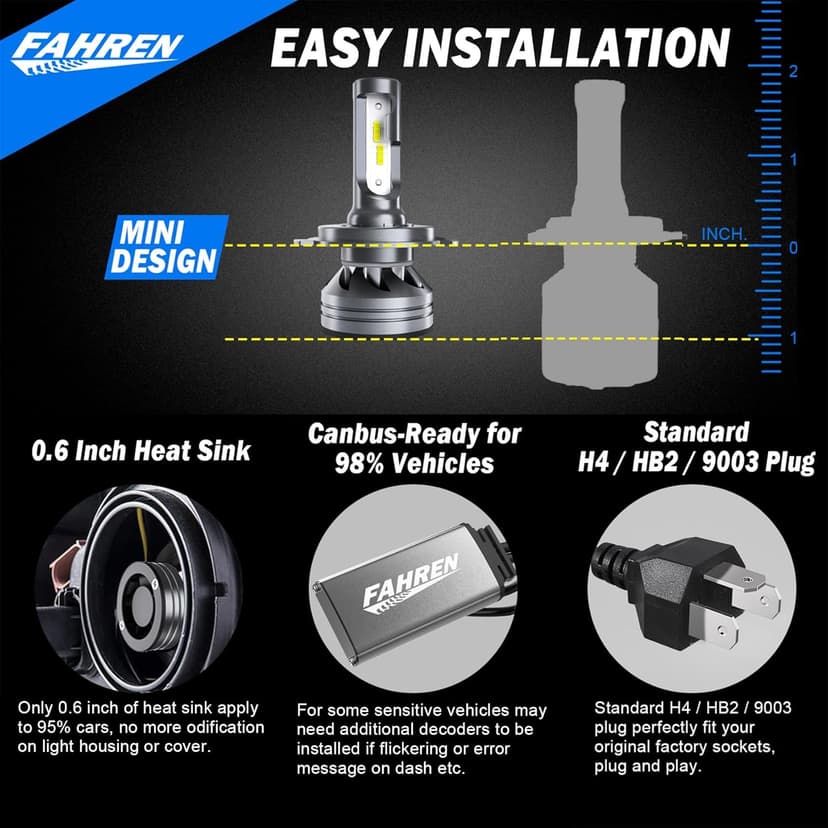 FAHREN H4 Light Bulb, 60000LM 1000% Super Brighter, Real 1:1 Size, 9003/HB2 for High Low Beam, 6500K Cool White, 70000Hrs Long Service Life with Cooling Fan, Plug and Play, Pack of 2