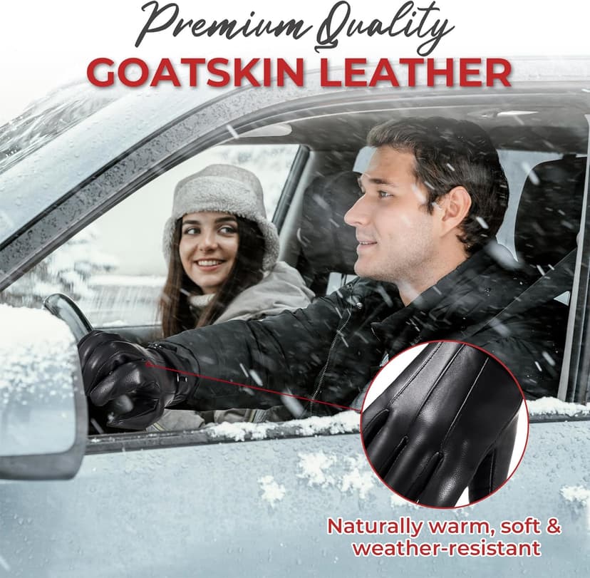 HANDLANDY Genuine Sheepskin Leather Gloves for Men Winter Driving Warm Thermal Wrist Gloves Fleece Lining for Cold Weather