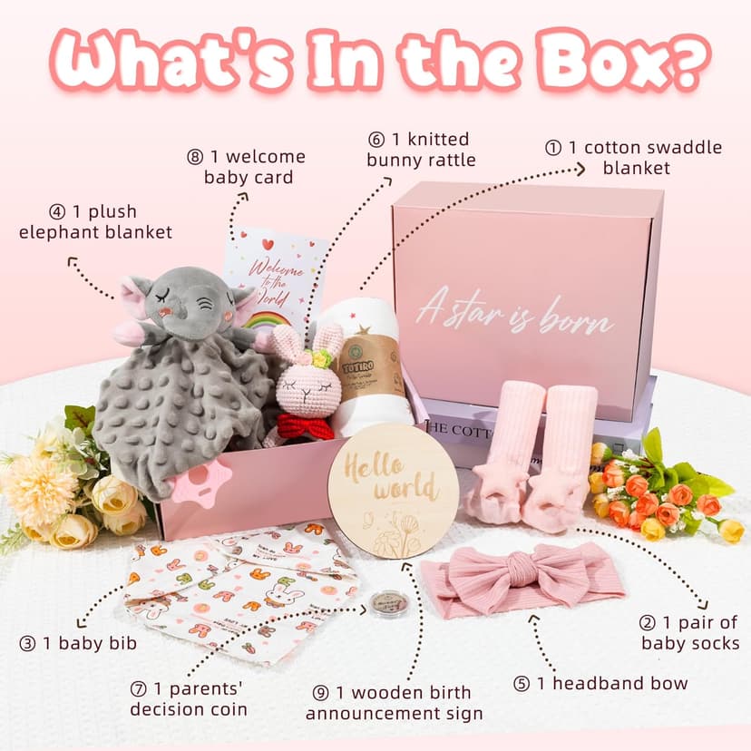 Newborn Baby Girl Gift, 9 Pcs Baby Gifts for Girls Newborn Essentials, New Baby Girl Gift Basket Baby Shower Gender Reveal Gifts, New Mom Gift Swaddle Blanket Bunny Rattle Gift Set