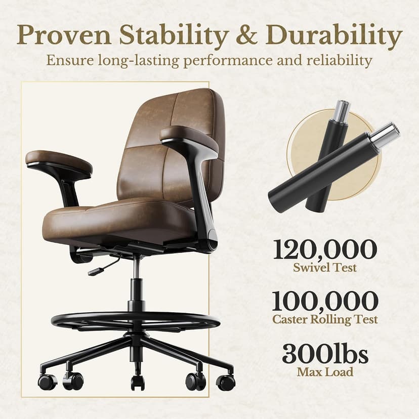 Drafting Executive Chair, Tall Office Chair with Padded Flip-Up Armrests, Mid-Back Cushioned Seat, 360° Swivel Rolling Computer Desk Chair for Standing Desk & Home Office, Vintage Brown