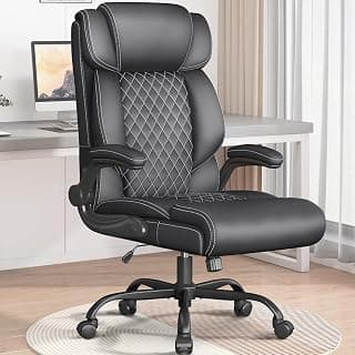 Office Chair-Executive High Back Breathable Big and Tall Office Chair Flip-up Armrests Lumbar Support-Ergonomic Leather Rolling Swivel Chair with Rock Function for Working Studying Gaming,Black