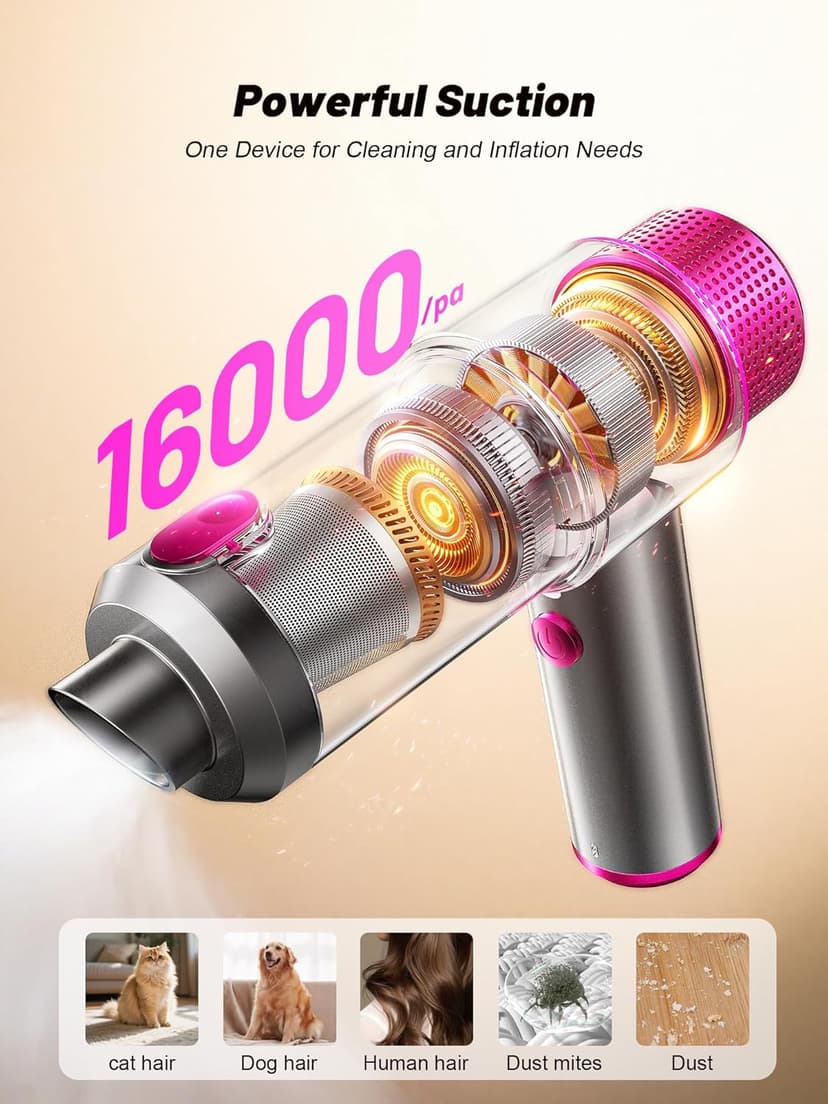 DRFLASH 6-in-1 Handheld Cordless Car Vacuum Cleaner, 16000PA Portable Mini Vacuum Cleaners with LED Light & Fast Type-C Charging, Multi-Nozzles for Home, Outdoor,Pets, Office Use