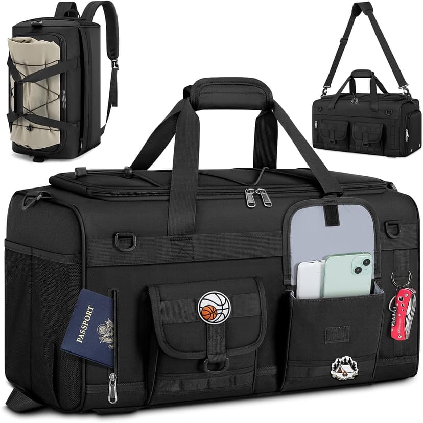 RAINSMORE Gym Bag for Men, 45L Large 3 in 1 Sports Duffle Bag with Shoes Compartment & Wet Pocket Water-Resistant Sports Travel Weekender Bag Multipurpose Carry On Overnight Tactical Backpack, Black