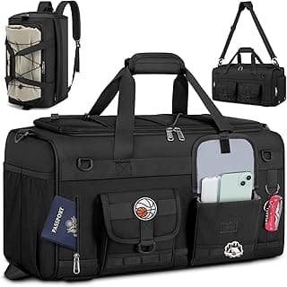 RAINSMORE Gym Bag for Men, 45L Large 3 in 1 Sports Duffle Bag with Shoes Compartment & Wet Pocket Water-Resistant Sports Travel Weekender Bag Multipurpose Carry On Overnight Tactical Backpack, Black