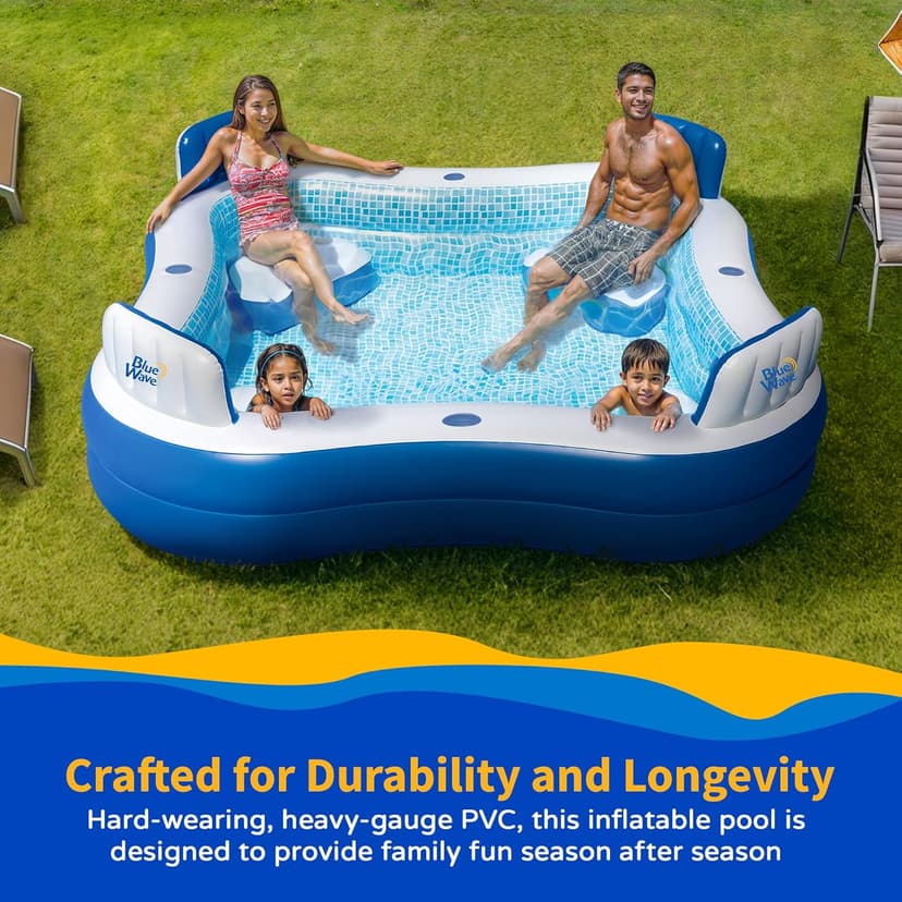 Blue Wave Premier Family Inflatable Pool with Seats – 88-in x 88-in x 26-in Four-Seater Pool for Backyard Fun – Durable 4-Person Inflatable Pool with Cover, Drain Plug & Repair Patch