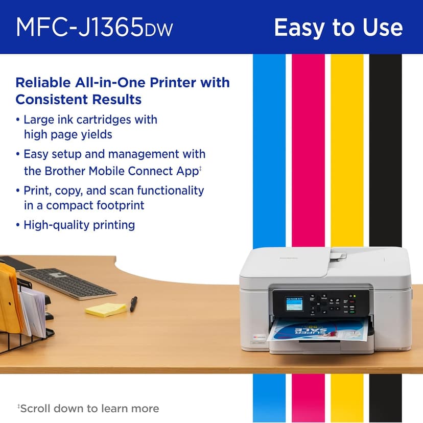 Brother INKvestment 1365 Wireless Color Inkjet All-in-One Printer with Automatic Duplex Printing and 1.8” Color Display | Includes Refresh Subscription Trial(1) (MFC-J1365DW)
