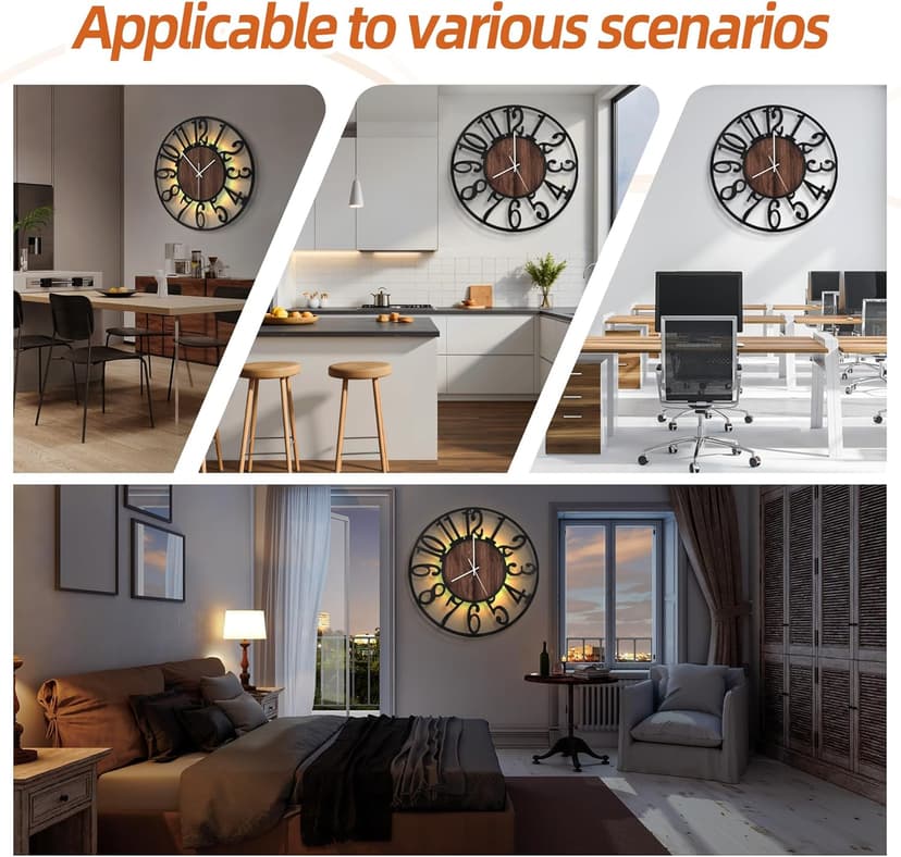 LEIKE Large Wall Clocks with Night Light Battery Operated,Silent Non Ticking,Rustic Modern Big Wood Clock for Living Room, Bedroom,Kitchen,Farmhouse,Office,Home Decor-20 Inch(Black-Arabic Number)