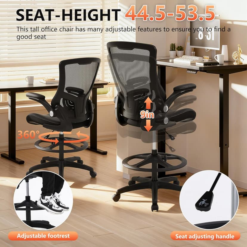 BestOffice Drafting Chair Ergonomic Tall Office Chair Standing Desk Chair with Flip Up Arms Foot Rest Back Support Adjustable Height Mesh Drafting Stool, Dark Black