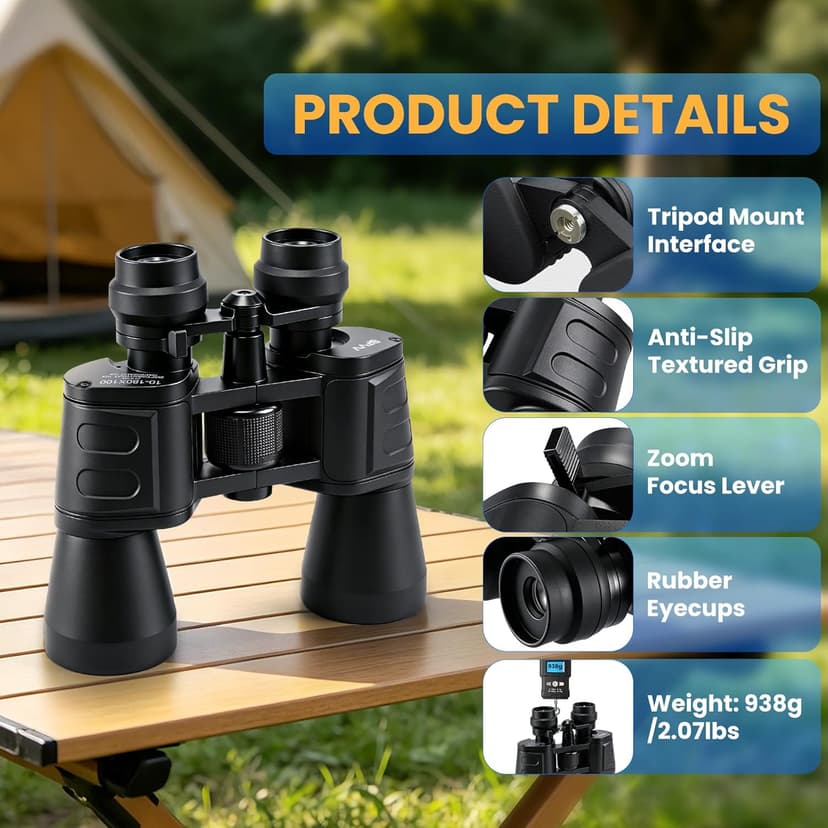 10-180x100 Zoom Binoculars for Adults, Day/Low Light Night Vision High Powered Binoculars with BAK4 & FMC Lens, Waterproof Fogproof for Hunting Birdwatching Travel Sports Concerts Gift for Men