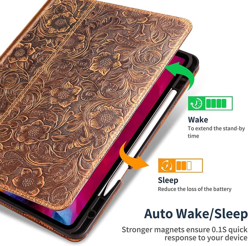 Gexmil Genuine Leather Case for iPad Pro 11 Inch (M5/M4) 2025/2024 with Pencil Holder,Protective Shockproof Leather Smart Folio Cover Adjustable Stand Auto Sleep/Wake Anti-Slip, Flower Brown