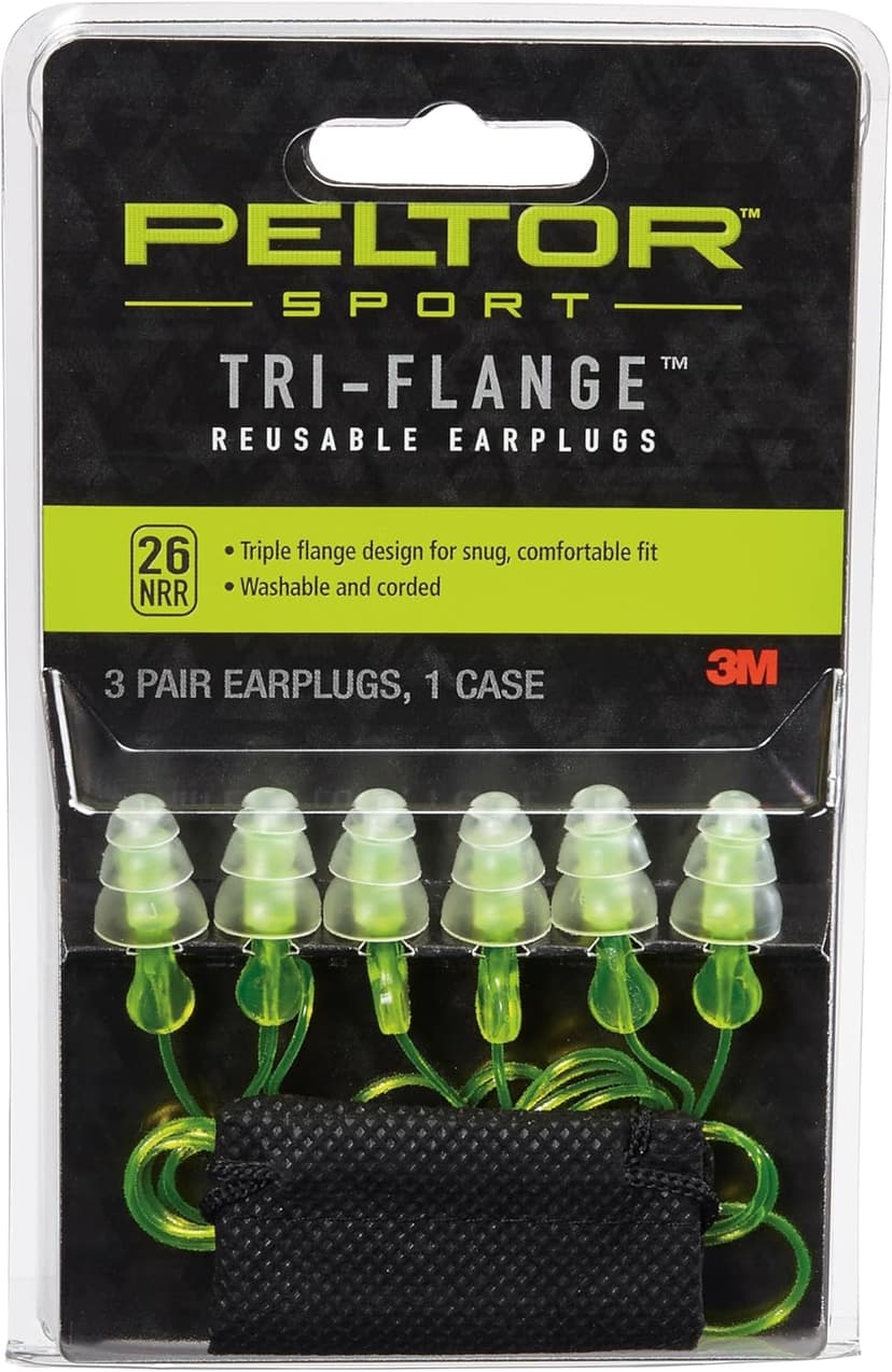 Peltor Sport Tri-Flange Corded Reusable Earplugs, 3 Pair, Noise Reduction Rating (NRR) 26 dB, Comfortable Fit, Ideal For Range, Shooting & Hunting, Washable and Corded, Neon Yellow (97317-10C)