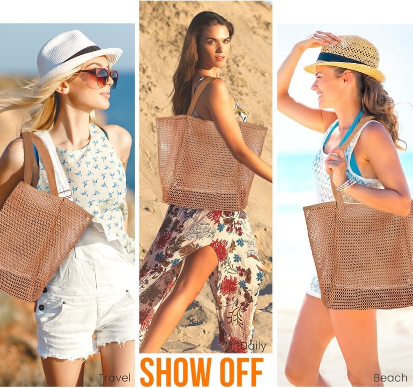 HOHOM Beach Bags for Women, Summer Travel Mesh Tote Bag with Large Inner Pocket, Sandproof Woven Shoulder Handbag