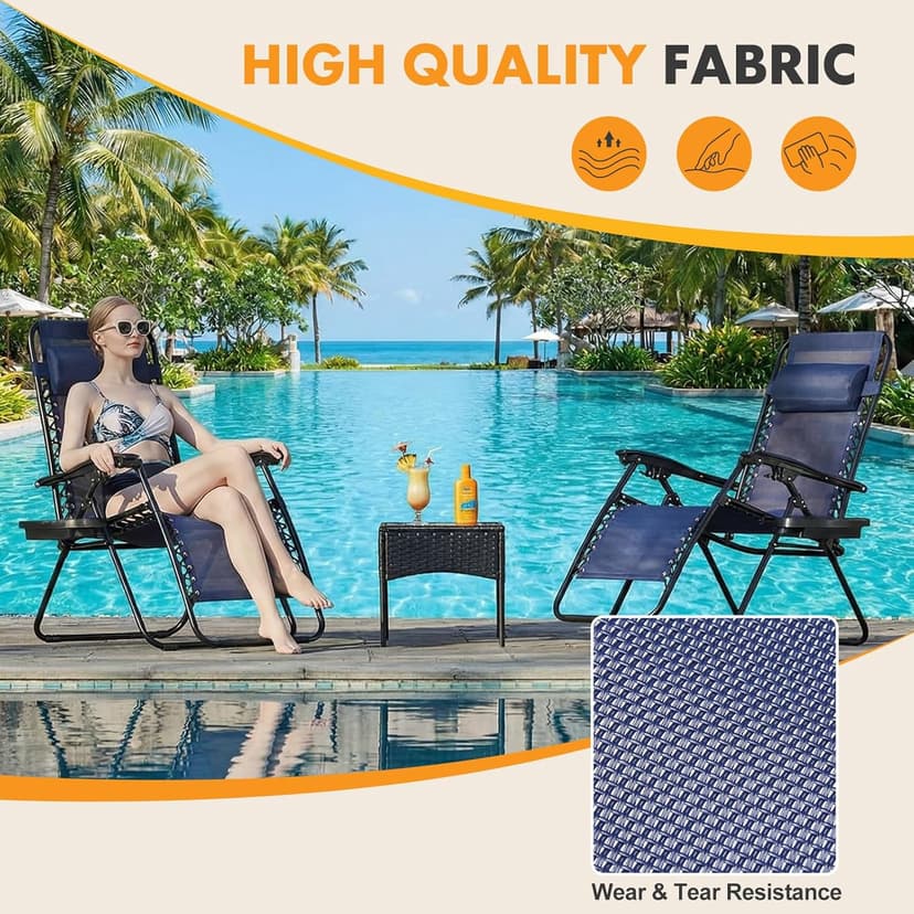 Zero Gravity Chair Set of 2, Adjustable Folding Reclining Lounge Chairs with Mesh Back, Adjustable Pillows & Cup Holder Trays, Outdoor Patio Lawn Chairs for Pool, Beach & Camping, Blue