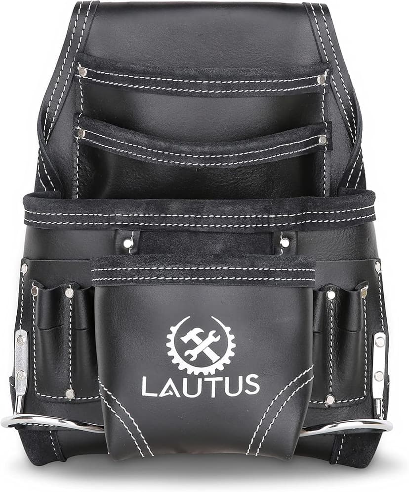 LAUTUS Oil Tanned Leather Tool Pouch Bag | Black | Carpenter, Construction, Framers, Handyman | 10 Pockets, 2 Hammer Holders | 100% Leather
