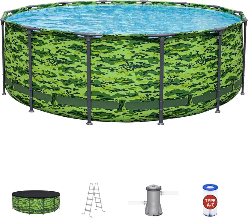 Bestway Steel Pro Max 14'x48 Camo Pool Set | Durable Construction, Easy Assembly, and All-Inclusive Accessories - Above Ground Pool Set with Filter Pump, Ladder, and Pool Cover - No Tools Required!
