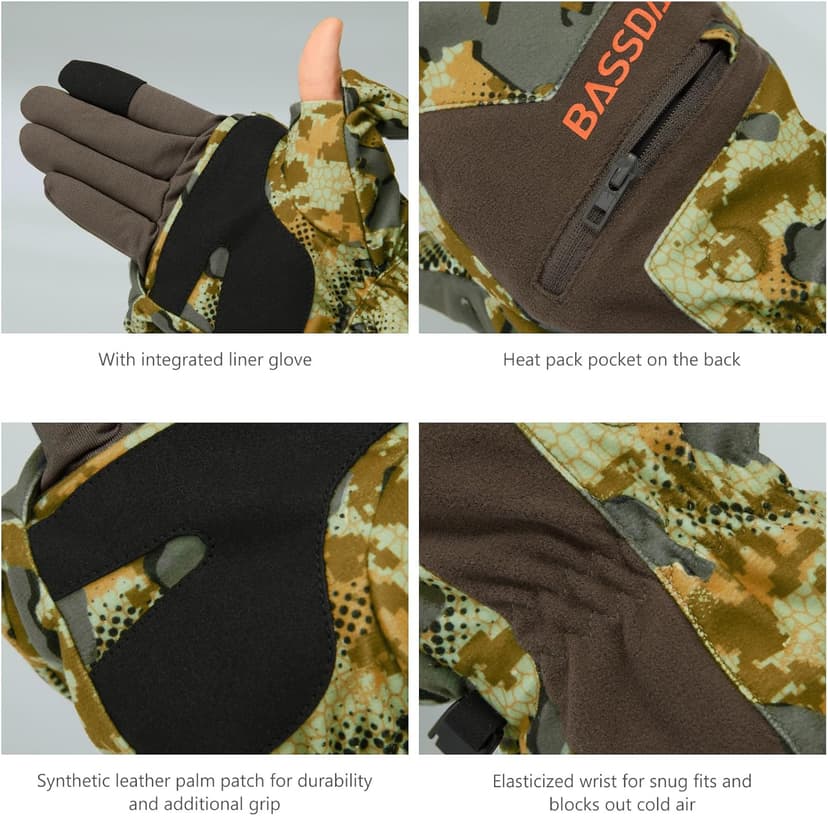 BASSDASH Men’s Insulated Mittens Winter Camo Hunting Gloves Water Resistant for Cold Weather Outdoor Activities HG04M