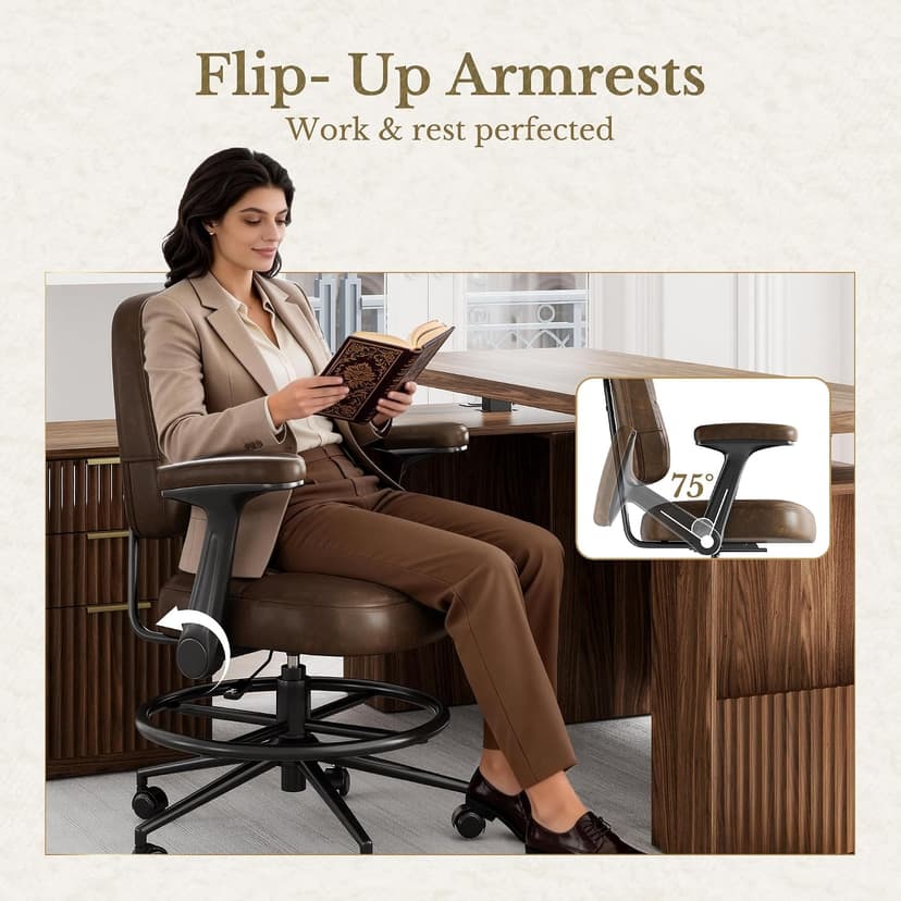 Drafting Executive Chair, Tall Office Chair with Padded Flip-Up Armrests, Mid-Back Cushioned Seat, 360° Swivel Rolling Computer Desk Chair for Standing Desk & Home Office, Vintage Brown