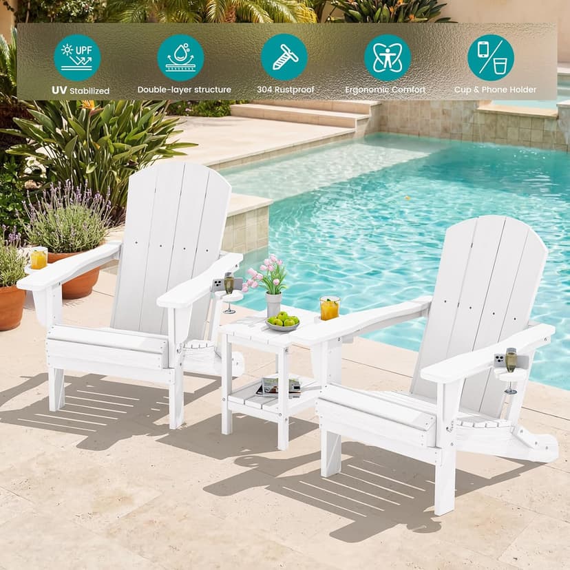 SERWALL Adirondack Chair with Cup Holders - Composite Adirondack Chairs Set of 2 HDPE Outdoor Chairs All Weather Use- White
