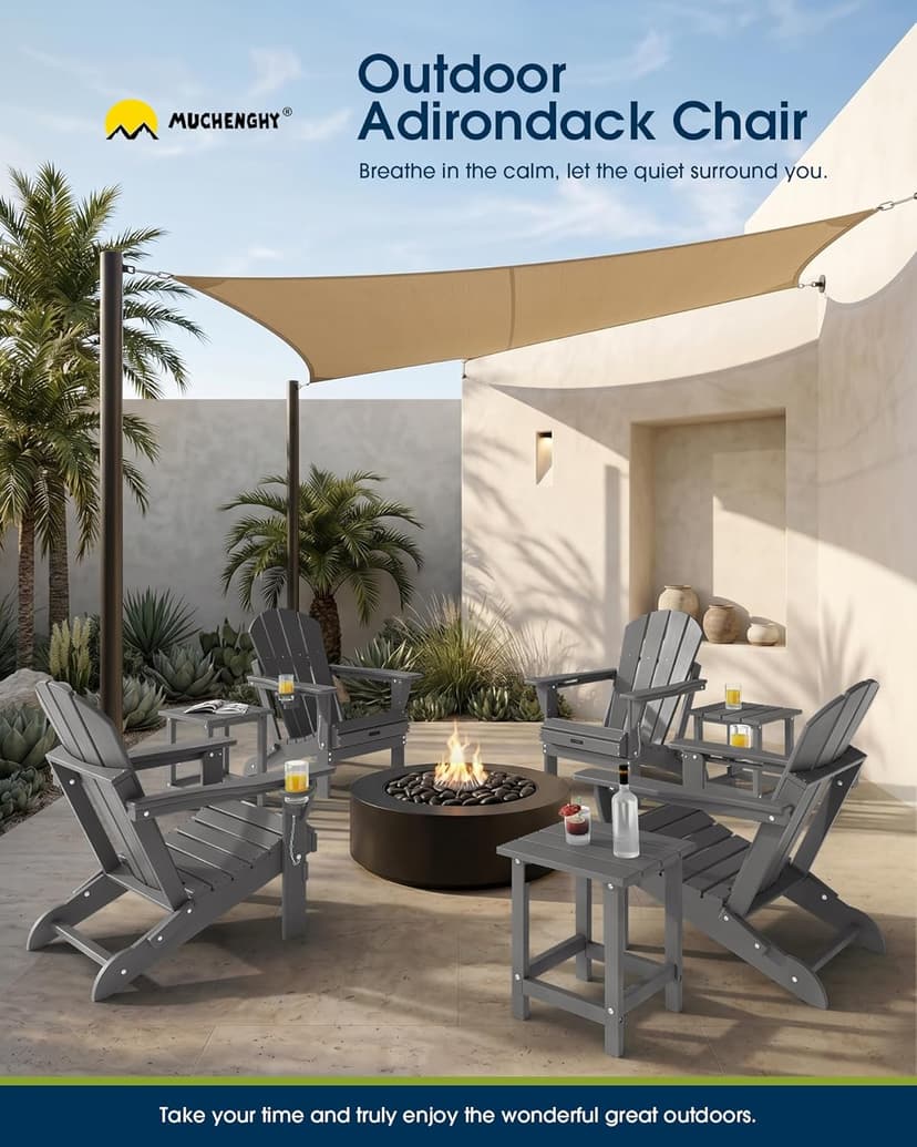 MUCHENGHY Folding Adirondack Chairs, Patio Chairs, Lawn Chairs, Outdoor Chair, Adirondack Chair Plastic, Fire Pit, Weather Resistant with Cup Holder for Deck, Backyard, Garden(Gray)