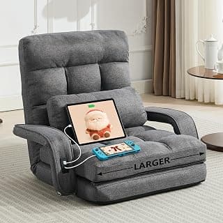 STHOUYN Comfy Floor Chair Bedroom 2 USB Charging Ports, 5-Position Couch Gaming Lounge Chairs Adults, Indoor Folding Lazy Sofa Meditation Arm Dorm Chair Living Room (Grey)