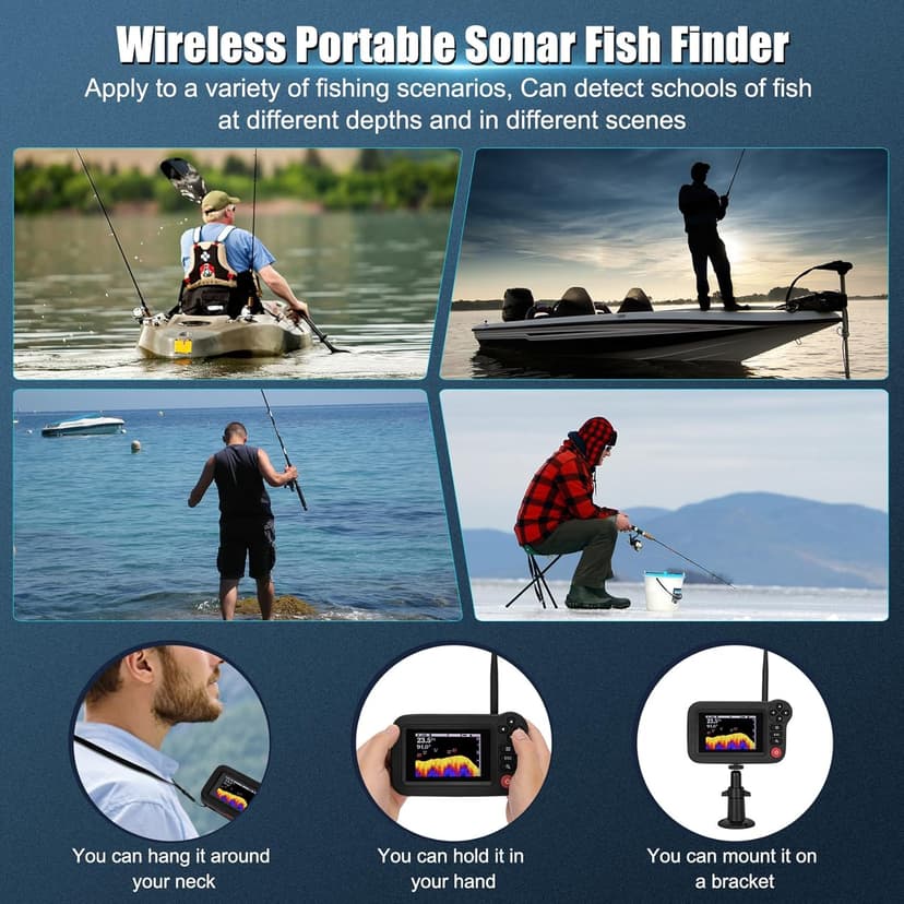 Portable Rechargeable Fish Finder, Wireless Sonar FishFinder, Castable Kayak Depth Finder with 105° Beam Angle and TFT LCD Display, 2.6-164 FT of Depth Locator, for Shore, Sea ＆ Ice Fishing