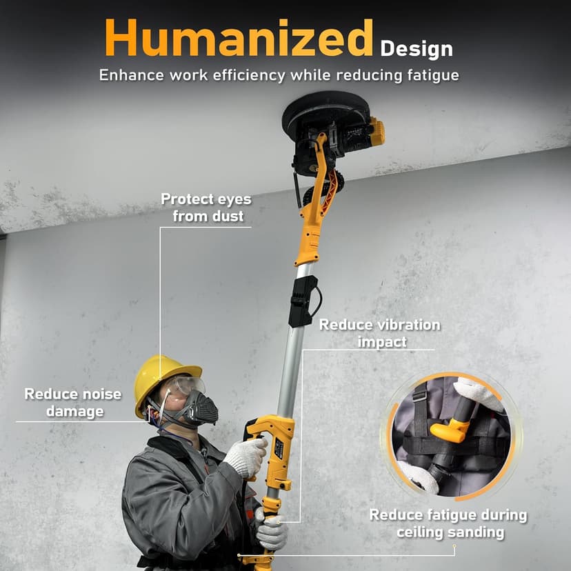 GEVEELIFE Drywall Sander, 880W Popcorn Ceiling Removal Tool, Drywall Sander with Vacuum Dust Collector, 5 Variable Speed 1000-2100RPM, LED Light, Foldable & Extendable Handle, 12 Sanding Discs