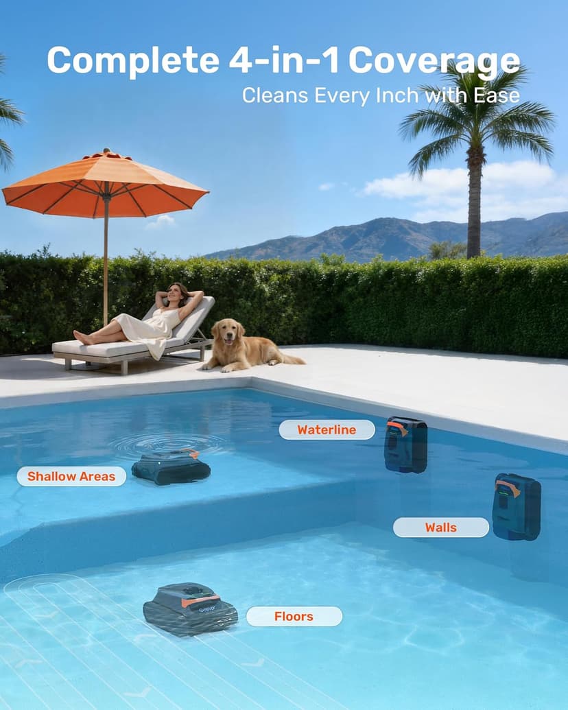 Gosvor LiteVac G1 Pool Vacuum, Wall & Waterline Cleaning, Double Filtration, 150-Min Battery Life for Smart Mode, 200-Min Battery Life for ECO Mode, Smart Navigation, with APP, Orange
