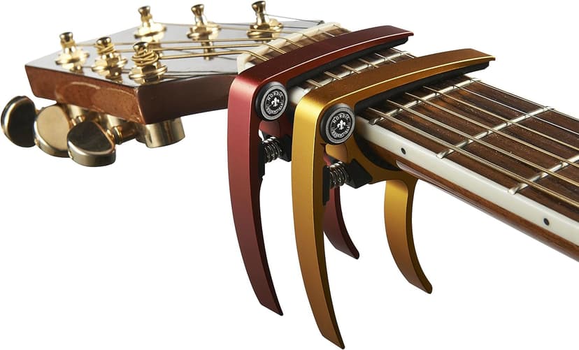 Guitar Capo (2 Pack) for Acoustic Guitars, Ukulele, Banjo, Mandolin, Bass - Made of Ultra Lightweight Aluminum Metal (1.2 oz!) for 6 & 12 String Instruments - Nordic Essentials (Red + Gold)