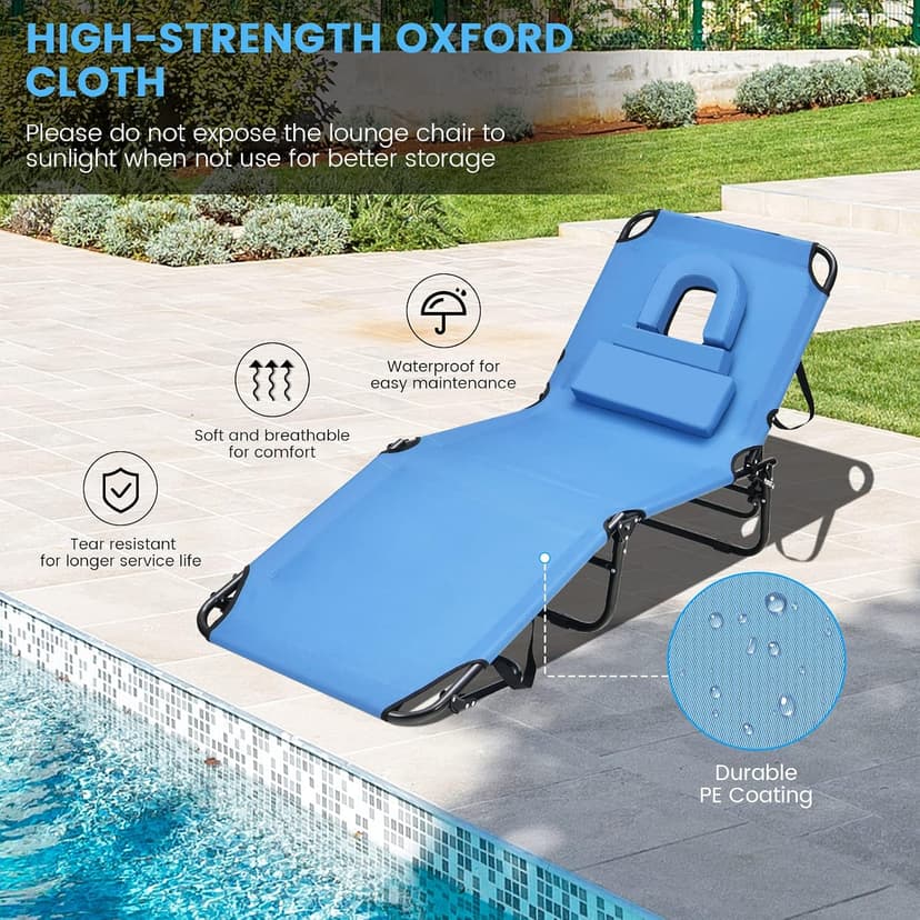 GYMAX Tanning Chair, 330lbs Beach Lounge Chair with Face Hole, Washable Pillow & Carry Strap, Adjustable Folding Chaise Lounge, Layout Lounger for Outside, Patio, Poolside, Lawn (1, Blue)