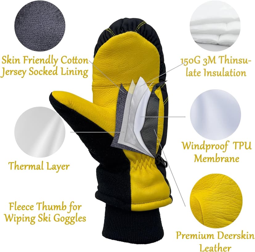 SKYDEER Warm Ski Mittens with Soft Premium Deerskin Leather and 150G 3M Thinsulate Insulation (SD8753M, Unisex)