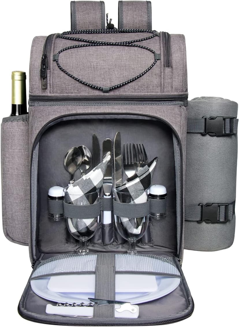 Hap Tim Picnic Basket Backpack for 2 Person with 2 Insulated Cooler Compartment, Wine Holder, Fleece Blanket, Cutlery Set, Gifts Ideals for Wedding, White Elephant, Bridal Showers, Christmas B09NLXDWYG