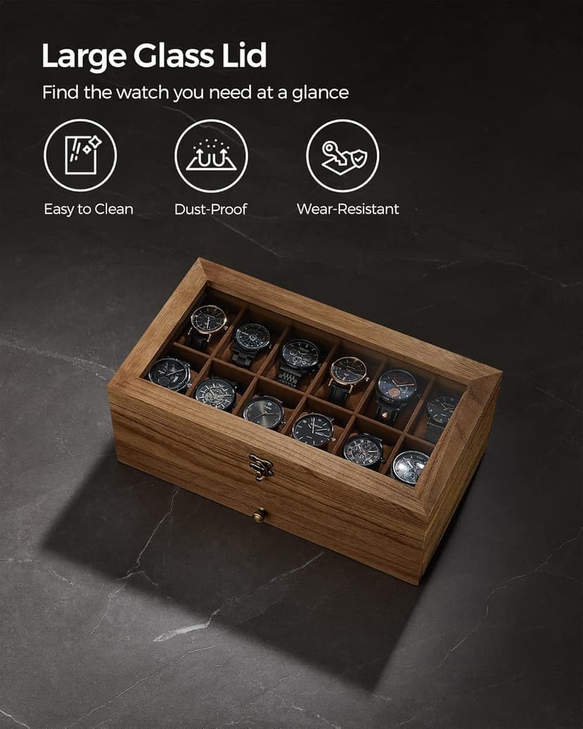 SONGMICS SONGMICS 12-Slot Watch Box, 2-Tier Watch Display Case with Large Glass Lid, Removable Watch Pillows, Velvet Lining, Jewelry Box, Gift Idea, Rustic Walnut UJOW012K01