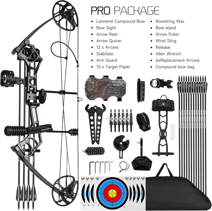 Lanneret Compound Bow and Archery Sets - Right Hand Archery Compound Bows 0-70 lbs Draw Weight Adjustable for Adults and Beginners，25"-31" Draw Length，up to IBO 320 fps，Archery Hunting Bow Set