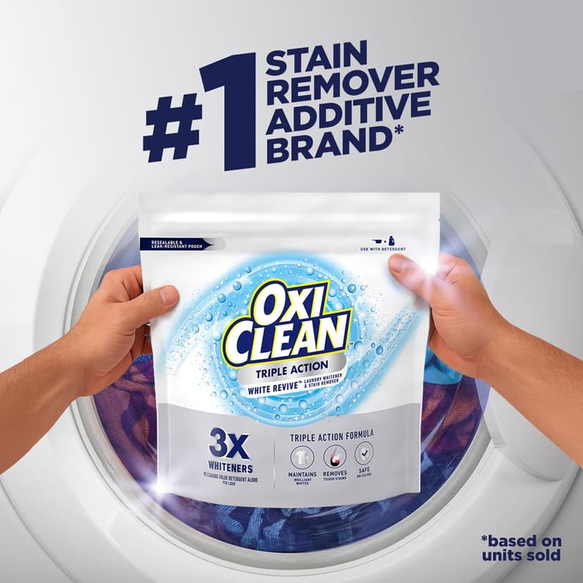 OxiClean Triple Action White Revive Laundry Whitener and Stain Remover Powder, Use with Detergent, Whitens and Brightens Clothes, Removes Tough Stains, Color Safe, Chlorine Free, 4 lbs