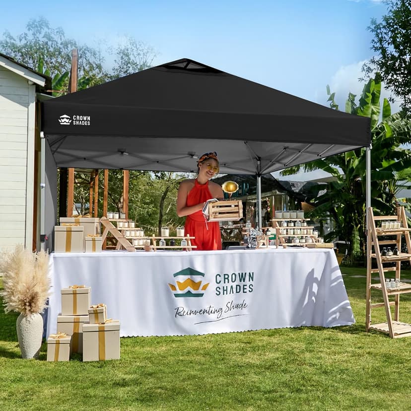 CROWN SHADES 10x10 Pop Up Canopy with 1 Side Wall - Beach Tent with One Push Setup - Outdoor Sun Shade for Events, Parties, Camping - Gazebo with STO-N-Go Cover Bag (Black)