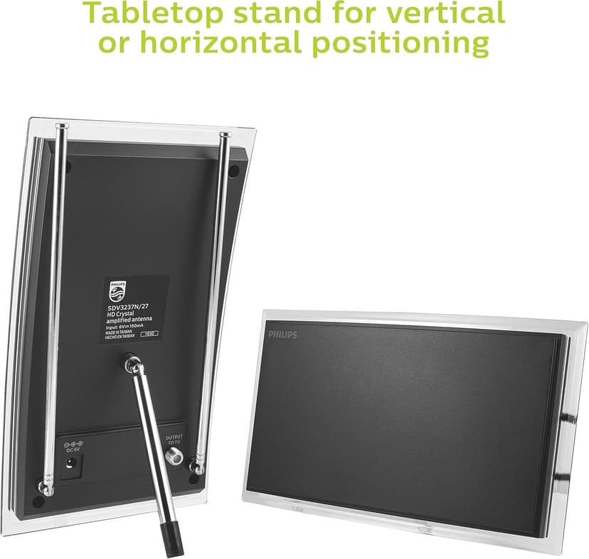 Philips Crystal Amplified Indoor TV Antenna, Extendable Dipole Rabbit Ears, 4K 1080P VHF UHF, Long Range, Amplifier Signal Booster, Digital HDTV Antenna, Smart TV Compatible, SDV3237N/27