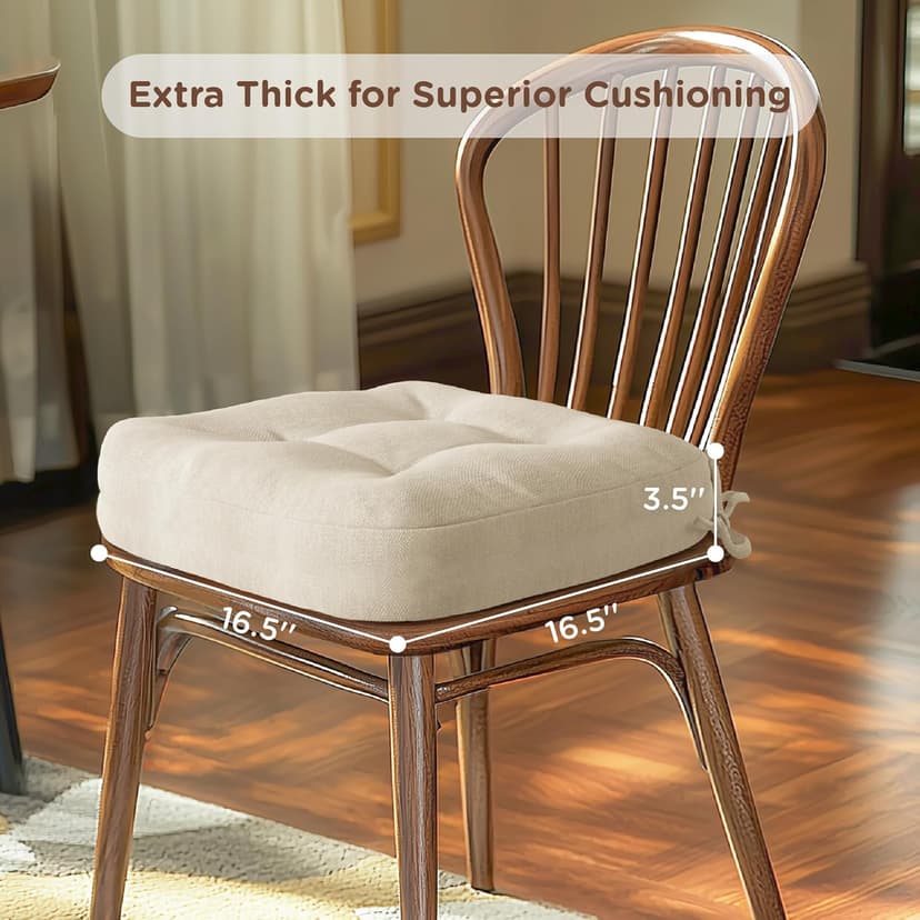 Codi Dining Chair Cushions 4 Pack, Thick Chairs Pads for Indoor Kitchen Room - Washable, Non-Slip Memory Foam Seat Cushion with Ties, 16.5"x16.5"x 3.5", Set of 4, Beige New