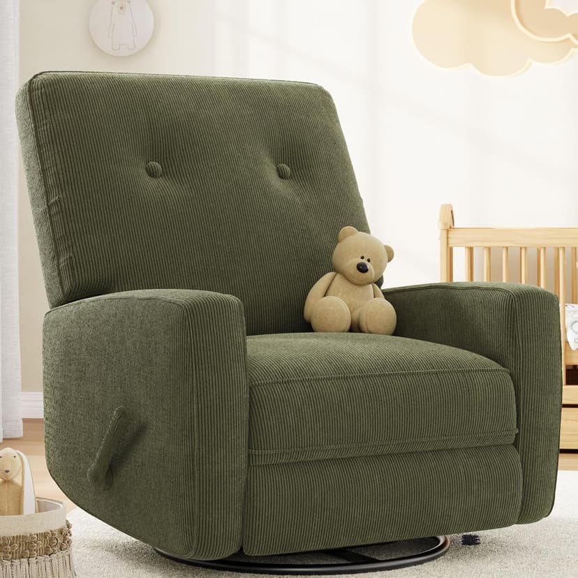 IDEALHOUSE Recliner Chair, 360° Swivel Rocking Glider Chair for Adults with Adjustable Backrest & Footrest, Cozy Corduroy Upholstered Armchair for Living Rooms, Bedrooms, Apartments, Green