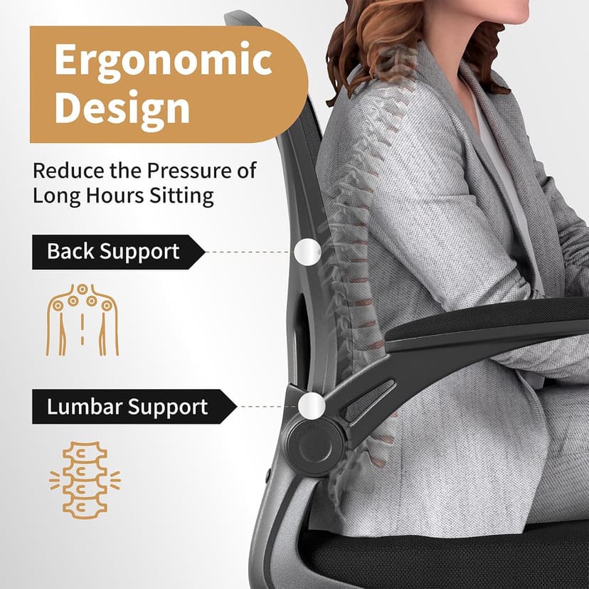 Youhauchair Mesh Office Chair, Ergonomic Home Office Desk Chairs with Flip-up Arms and Lumbar Support, Height Adjustable, Black
