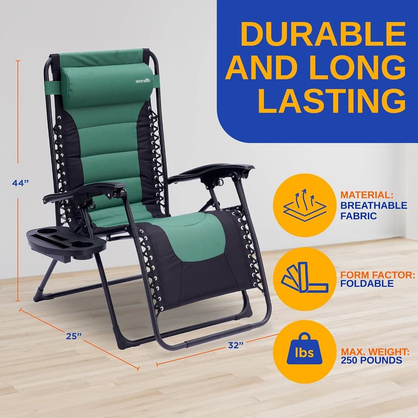 SereneLife Oversized Padded Zero Gravity Lounge Chair, Foldable Outdoor Patio Recliner, Anti Gravity Lawn Recliner with Cup Holder and Side Table for Backyard, Camping, Beach or Outdoor Relaxation
