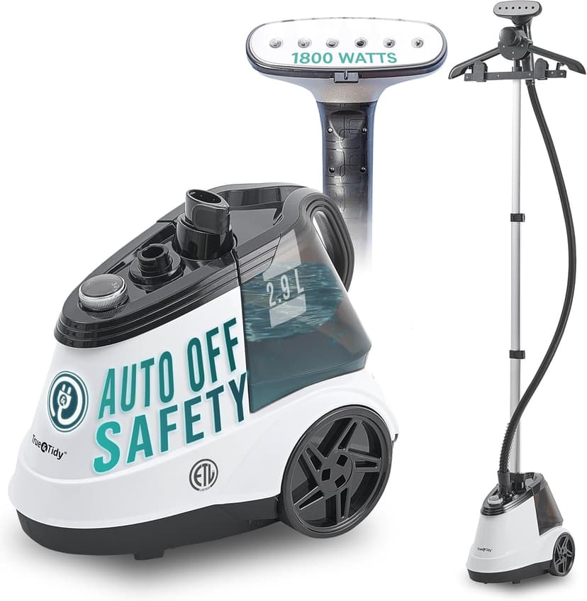 True & Tidy® Heavy Duty Auto Shut-off Commercial Full-Size Garment Steamer, Smart Water Sensor with Beep Alert, 3 Steam Settings, XL 2.9L Tank, 1800 watts, 90+min of Continuous Steam (White, Smart)