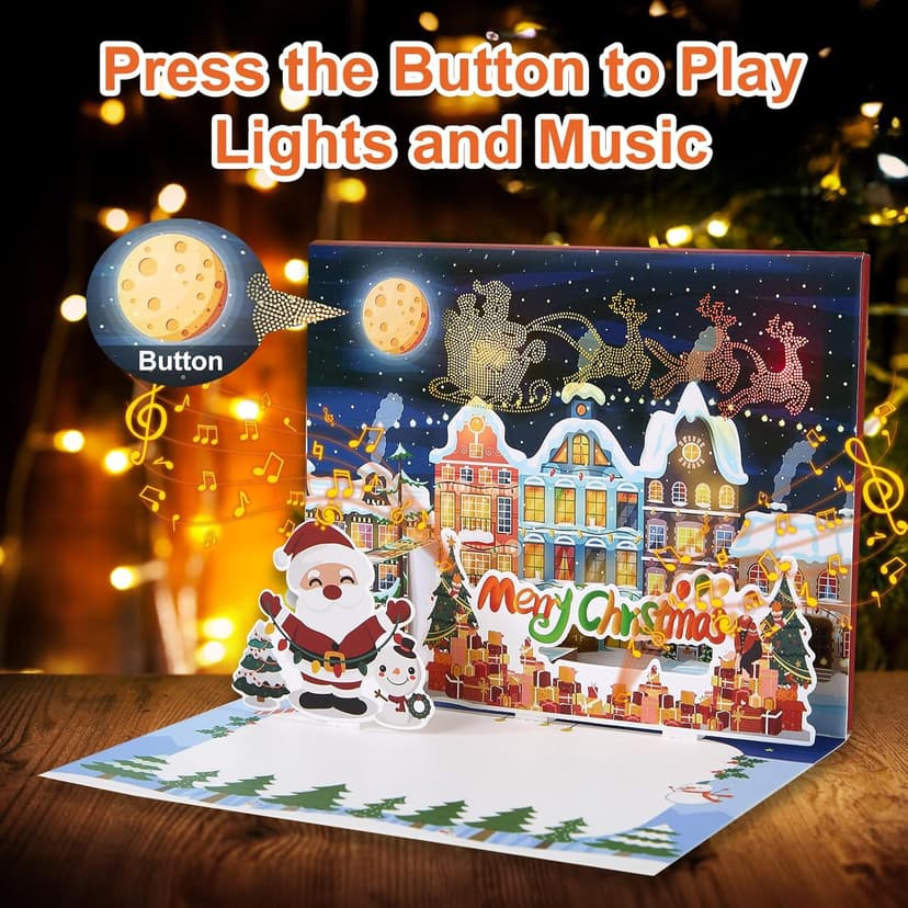 Christmas Cards Large Size, 3D Pop Up Merry Christmas Card with Light and Music, Handmade Christmas Gift Card with Envelope, Musical Greeting Card for Kids Son Daughter Husband Wife