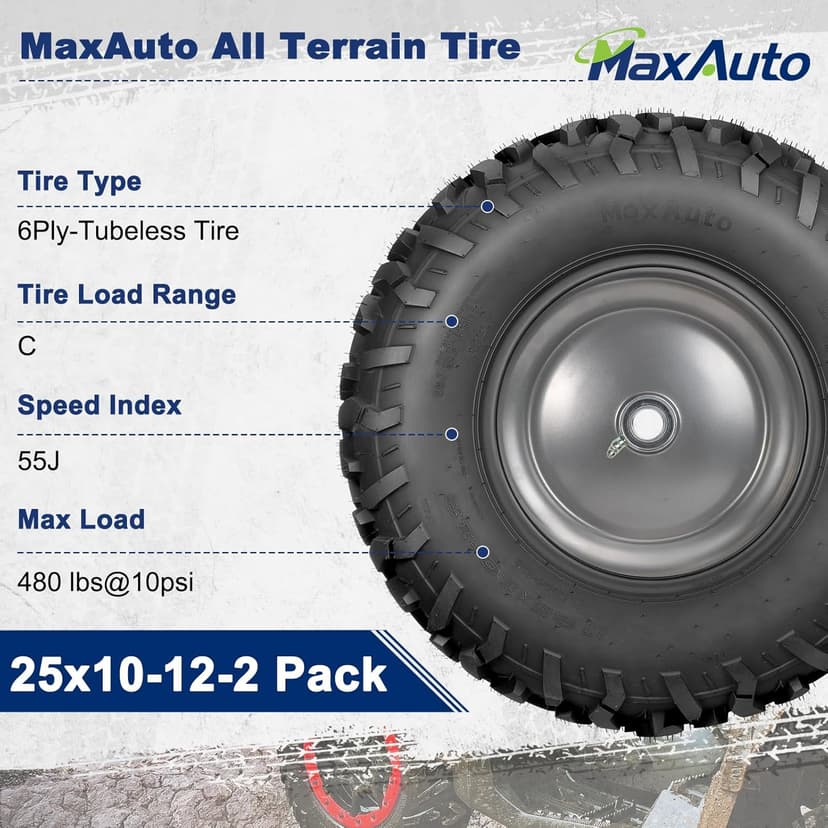 MaxAuto Set of 4 AT25x8-12 & AT25x10-12 ATV UTV Mud Sand Tires,25x8x12 Front & 25x10x12 Rear All-Terrain Off-Road Tires,6 PR, Tubeless,4 Pack in 2 Packages