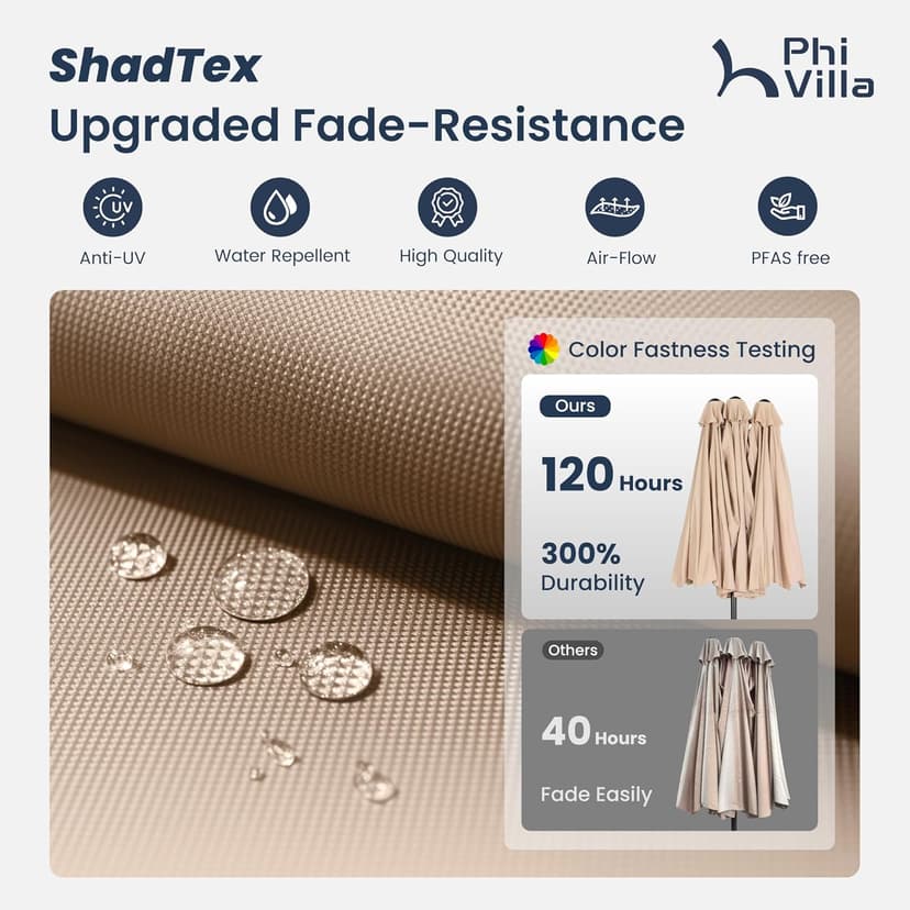 PHI VILLA 15ft Large Patio Umbrellas with Base Included, Outdoor Double-Sided Rectangle Big Market Umbrella with Stand, Outside Umbrellas for Poolside Lawn Backyard, Beige