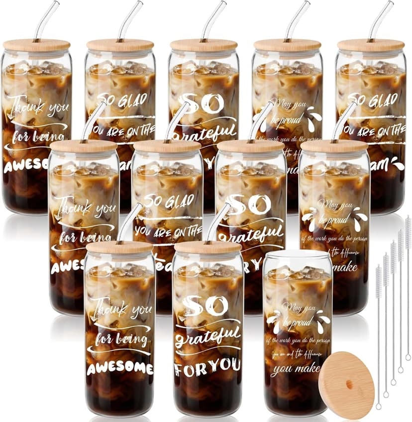 Appreciation Gifts for Team, Employees, Coworkers, Staff, Teacher, Nurse, 20oz Glass Cups with Straws and Lids, Mixed 12 Set Employee Appreciation Gifts, Inspirational Thank You Gifts for Staff B0GSRCKT29