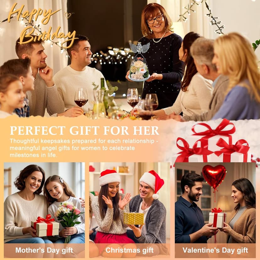 FIACO Preserved Rose Christmas Birthday Gifts for Women Forever Fresh Flowers Delivery Gifts for Mom Grandma Wife Anniversary Eternal Roses in Glass Angel Figurines