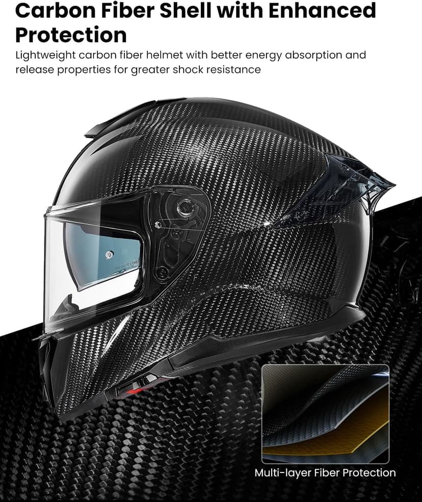 ILM Carbon Fiber Motorcycle Helmets Lightweight Full Face Dual Visor Helmet with Rear Wing Pinlock Compatible Motorbike Street Bike DOT ECE Men Women Model 861C (CarbonFiber3K, L)